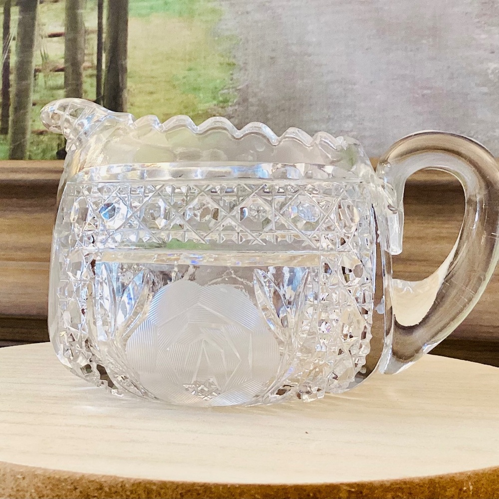Antique Cut Lead Crystal Creamer Rose Floral Design Heavy Cut Crystal Vintage